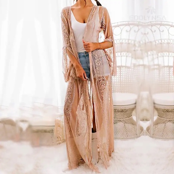 Tan Lace Kimono Lingerie Look Duster Coverup - Picture 2 of 4